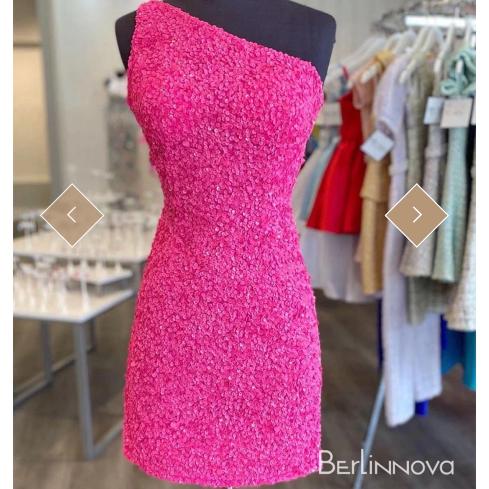 Fuscia Asymmetrical One Shoulder Sequin Cocktail Dress